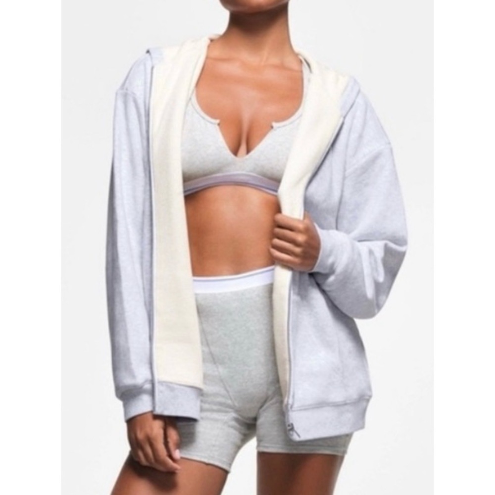 NEW SKIMS Cotton Fleece Waffle Lined Zip-Up Hoodie in Light Heather Grey
